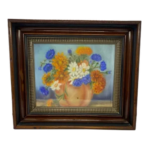 Mid 20th Century “Floral Still Life - Orange Zinnias and Daisies” Oil Painting, Framed