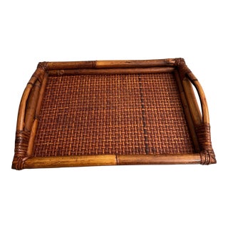 Vintage Bamboo and Woven Rattan Tray With Handles For Sale