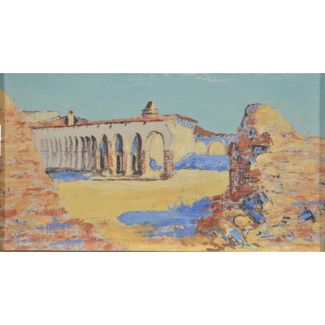 Late 19th century California impressionist mission landscape in original arts & crafts frame. Oil on board. Illegibly...