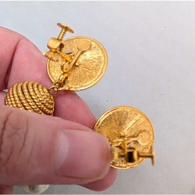 Metal Vintage Signed Napier Goldtone Faux-Pearl Drop Clip Earrings-2 Pieces For Sale - Image 7 of 9