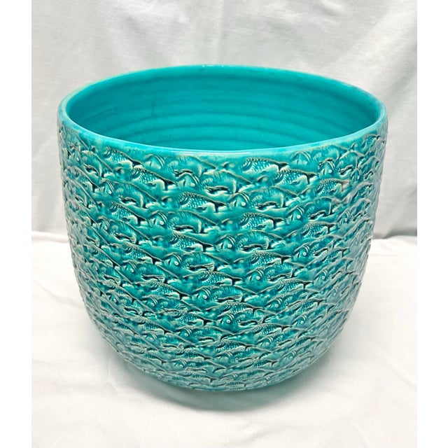 Traditional Vintage Ceramicosta Portugal Turquoise Textured Planter – Large Ceramic Cachepot For Sale - Image 3 of 8