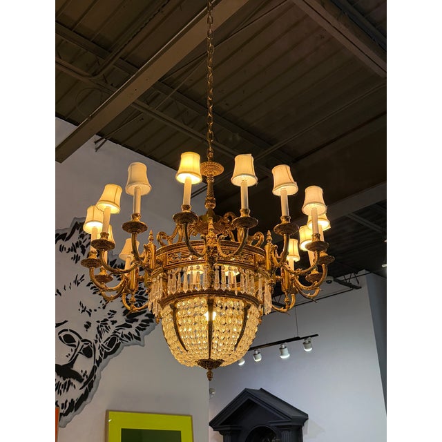 Antique Beaux Arts Bronze Crystal Basket 16 Light Chandelier Rewired. Single extra light at the interior of crystal...