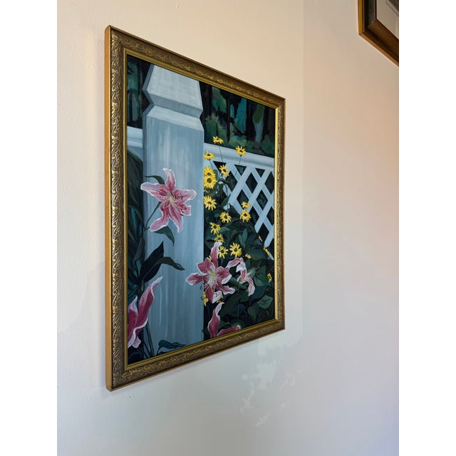 A beautifully composed 1980’s oil on canvas painting by K. Jensen McCoy depicting a serene tropical garden entrance scene....
