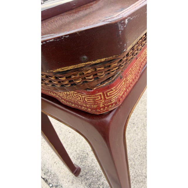 Vintage Chinese Red Lacquer & Woven Rattan Removable Tray Table With Calligraphy For Sale - Image 9 of 14