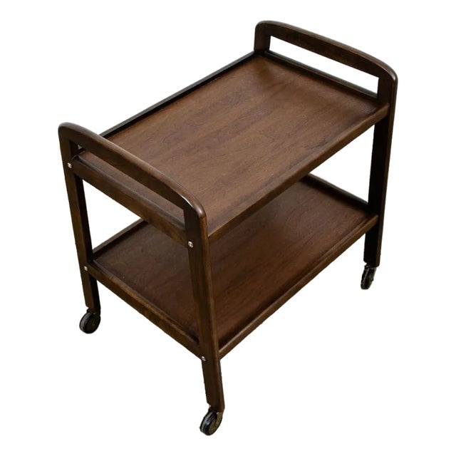 1960s Mid Century Modern Serving Cart Trolley Wood Rolling Bar Walnut Serving For Sale