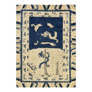 1920s Antique Artistic Beige Chinese Dragons Design Wool Pile Hand Knotted Rug For Sale