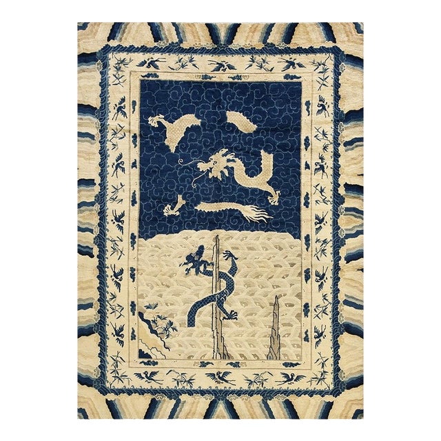 1920s Antique Artistic Beige Chinese Dragons Design Wool Pile Hand Knotted Rug For Sale