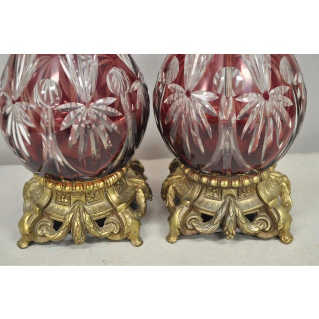 Antique Bohemian Cranberry Ruby Red Cut to Clear Glass Table Lamps - A Pair For Sale - Image 9 of 12