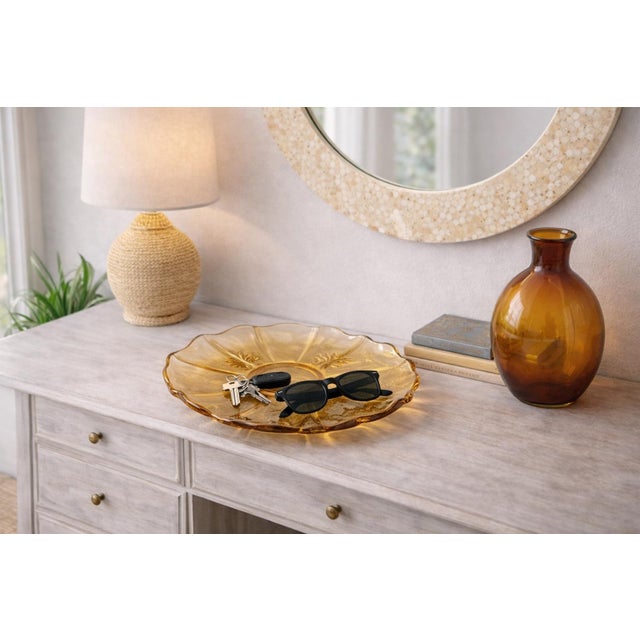 Vintage Amber Pressed Glass Platter — Scalloped Floral Catch-All Tray for Console, Coffee Table or Vanity (14”) For Sale - Image 4 of 6