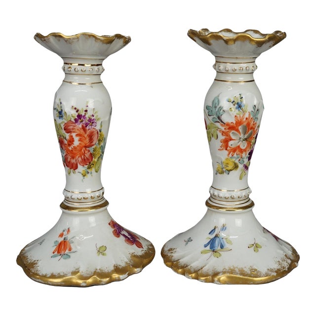 Antique German Hand Painted & Gilt Floral Porcelain Candlesticks, Berlin 1900 For Sale