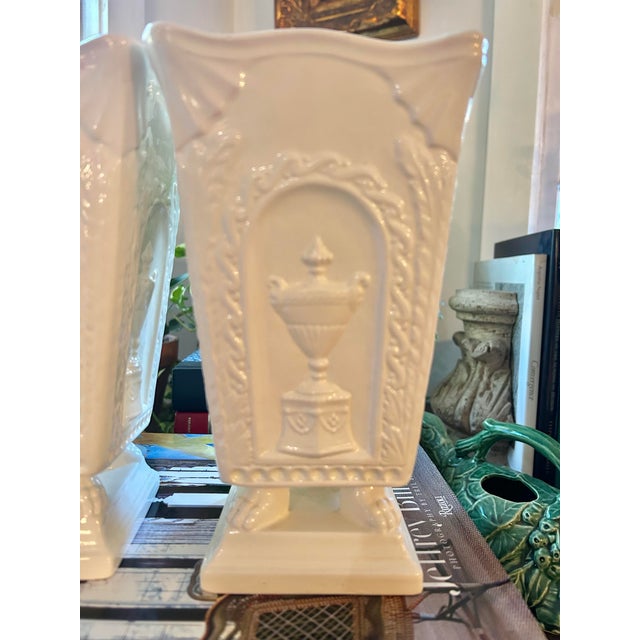 Late 20th Century Neoclassical Cream Ceramic Putti Pedestal Vases – A Pair For Sale - Image 10 of 12
