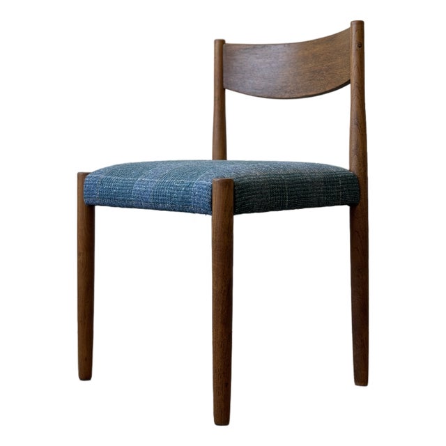 Vintage Blue Tweed & Teak Side Chair For Sale