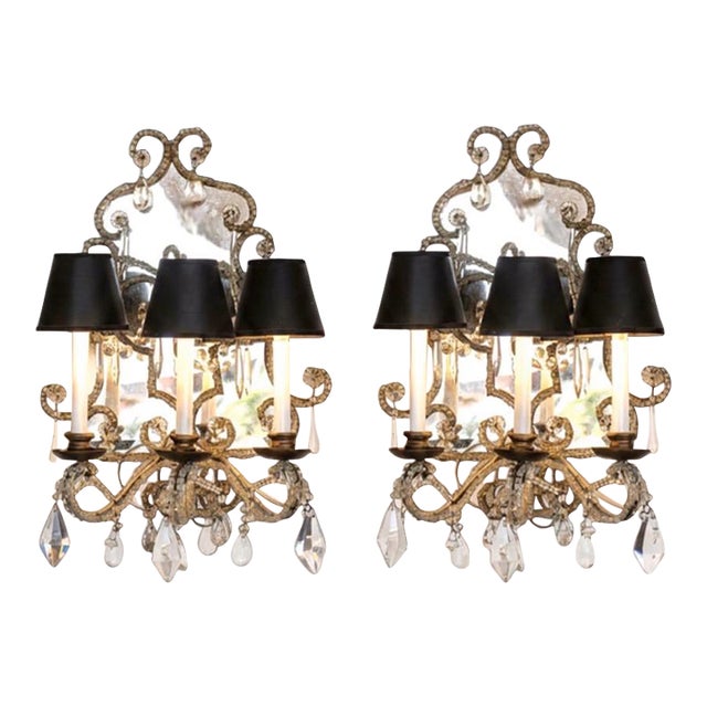 Venetian 19th Century Mirrored & Crystal Sconces, a Pair For Sale