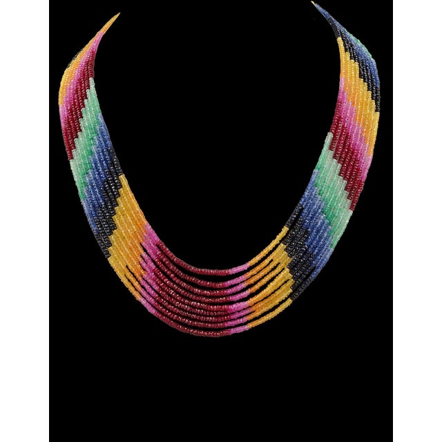 Arts & Crafts 454 Carat 7 Layer Natural Emerald Ruby & Sapphire Bead Necklace Adjustable For Sale - Image 3 of 18