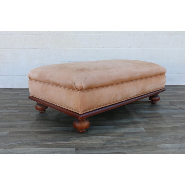 Tan Oversized Vintage Ralph Lauren Tan Leather & Wood Ottoman With Bun Feet For Sale - Image 8 of 18