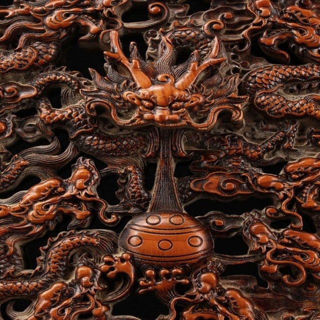 Vintage Chinese Boxwood Nine Dragon Screen | Master Carved Table Screen With Gemstone Inlay For Sale In Los Angeles - Image 6 of 9