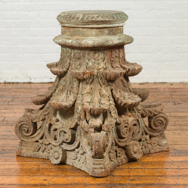 Antique Indian Corinthian Temple Capital Carving with Distressed Patina For Sale - Image 12 of 13