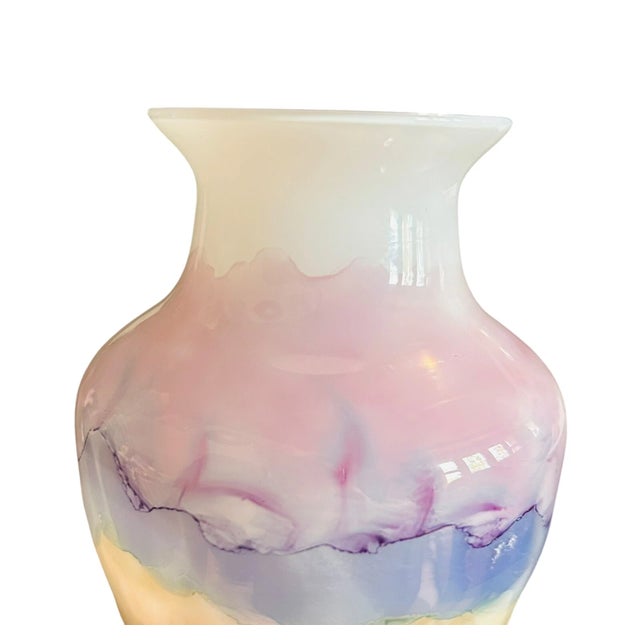 Make a bold statement with this stunning Vintage Murano Style "Decorato a Mano" hand-painted art glass vase. Featuring a...