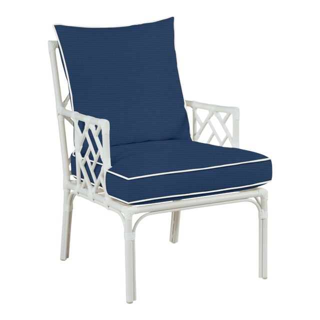 Haven Outdoor Occasional Arm Chair in Canvas Navy with Canvas White Welt For Sale
