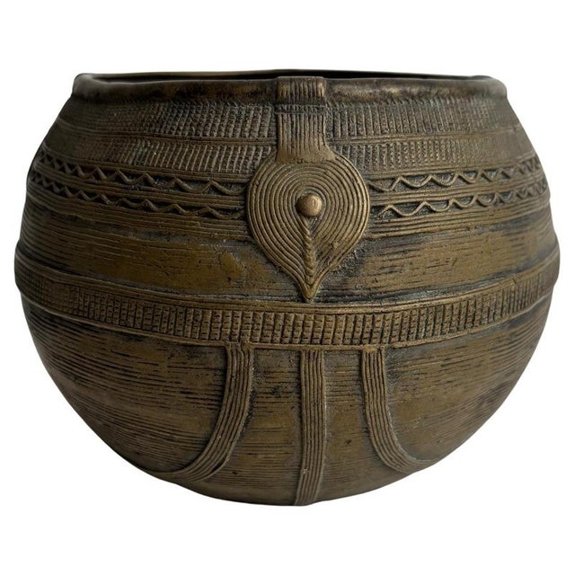 Gold African Metal Vase with Fine Hand-Made Decorations, Set of 2 For Sale - Image 8 of 8