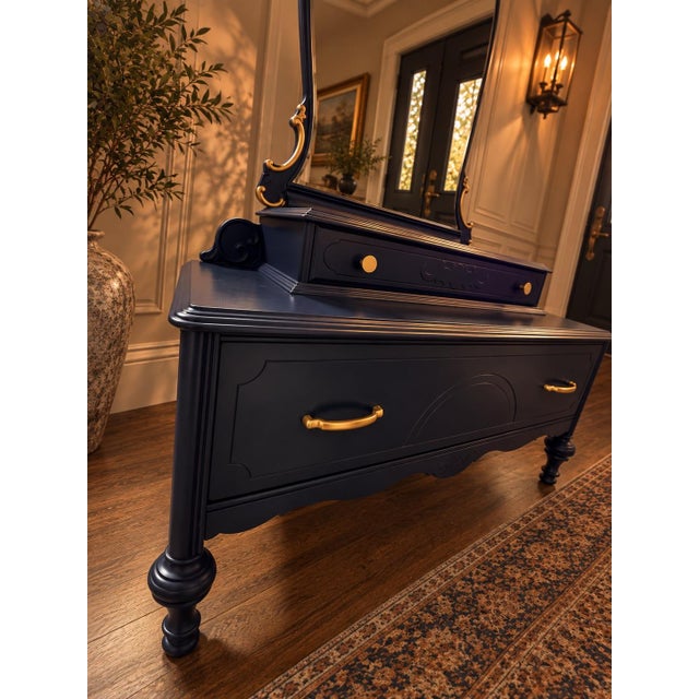 Art Deco Vintage Gettysburg Furniture - Navy Blue Vanity With Mirror For Sale - Image 3 of 12