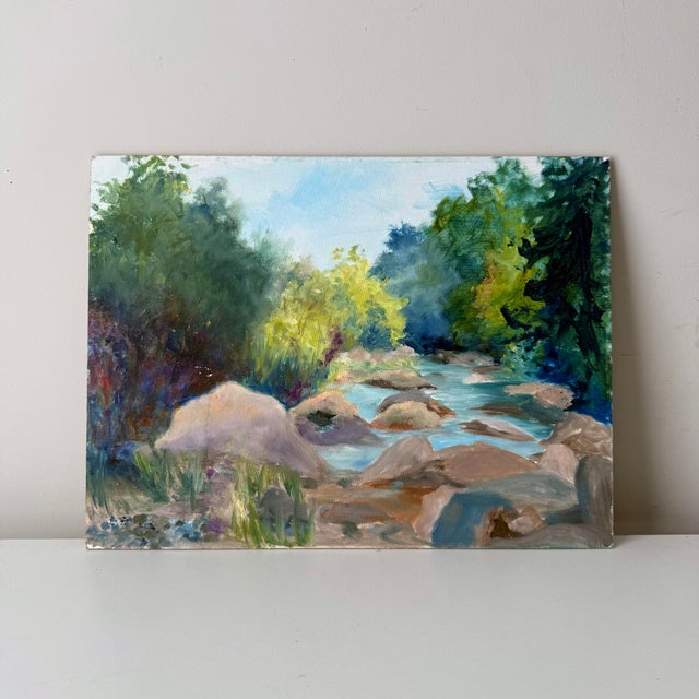 Vintage oil pastel river landscape on canvas board. The piece was recovered from a Charleston, SC estate sale.