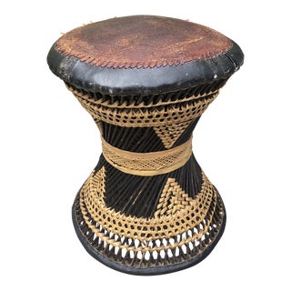Vintage Wicker & Leather Top Footstool/Drum For Sale
