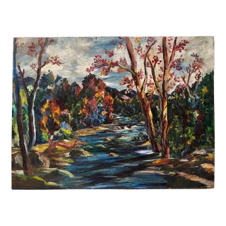 Mid-Century Colorful Sunset Forest and River Landscape , Acrylic on Fiberboard Painting For Sale