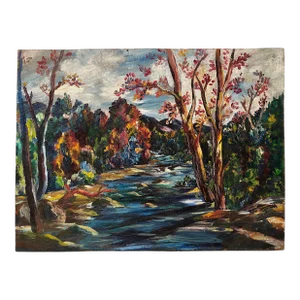Mid-Century Colorful Sunset Forest and River Landscape , Acrylic on Fiberboard Painting