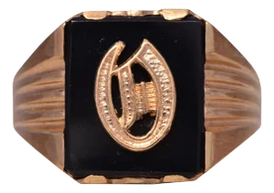 The Dati: Vintage Gentleman's Onyx and Carved D Initial Cocktail Ring in Yellow Gold