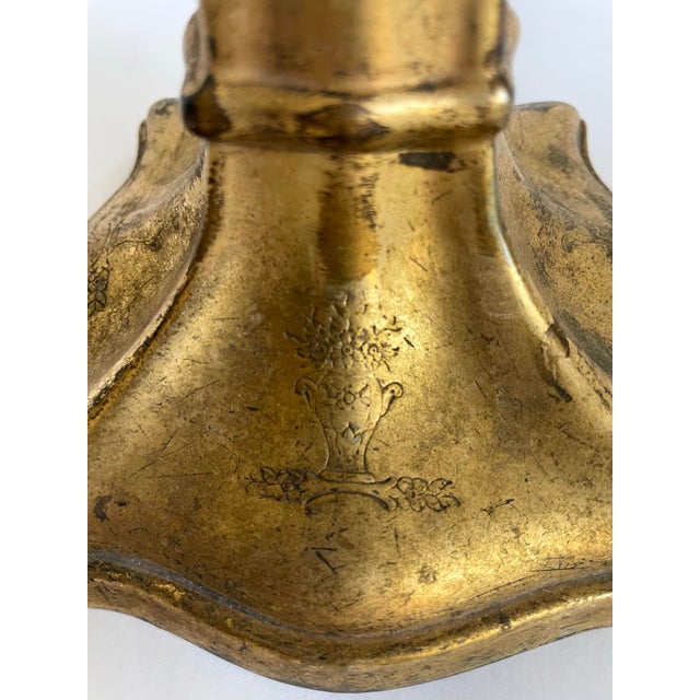 Metal Antique Art Nouveau Gilt Metal Trumpet Altar Vase With Floral Relief For Sale - Image 7 of 14