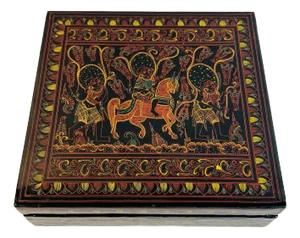 Vintage African Tribal Design Black Lacquered Dresser Box With Horse and Figures