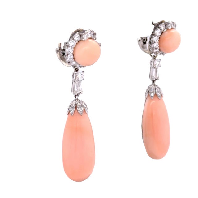 Mid-Century Modern Vintage Angel Skin Coral and Diamond Convertible Drop Earrings, Pair For Sale - Image 3 of 6