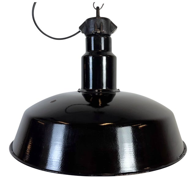Large Industrial Black Enamel Factory Lamp with Cast Iron Top from Elektrosvit, 1950s For Sale