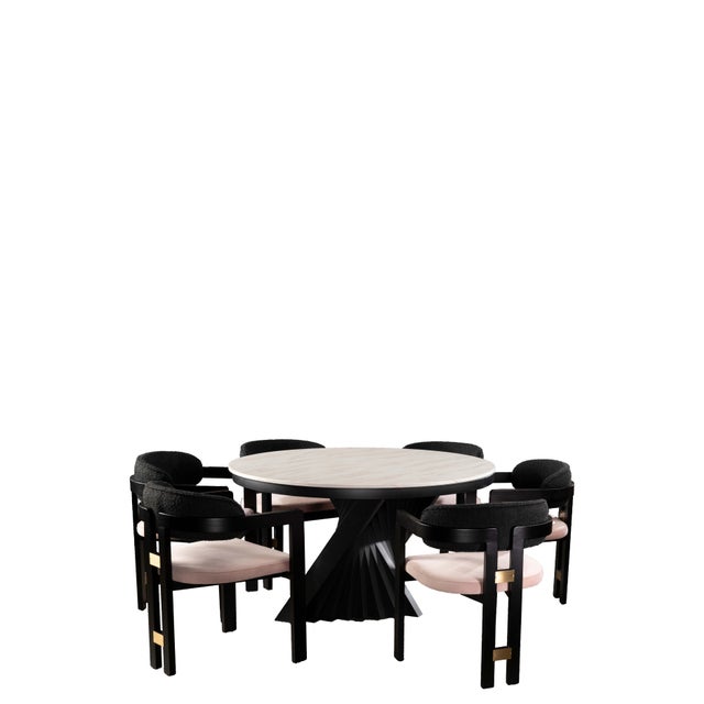 Contemporary Conan Round Marble Top Black Dining Table Set for 6 with Mauve Chairs For Sale - Image 3 of 3