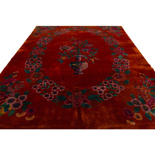 Red Antique Art Deco Handmade Chinese Floral Pattern Wool Rug For Sale - Image 10 of 11