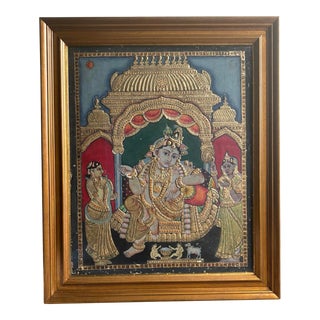 Mid Century Tanjore Painting Krishna South India Indian Gold Thanjavur Antique Vintage For Sale