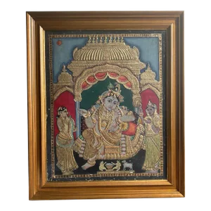 Mid Century Tanjore Painting Krishna South India Indian Gold Thanjavur Antique Vintage