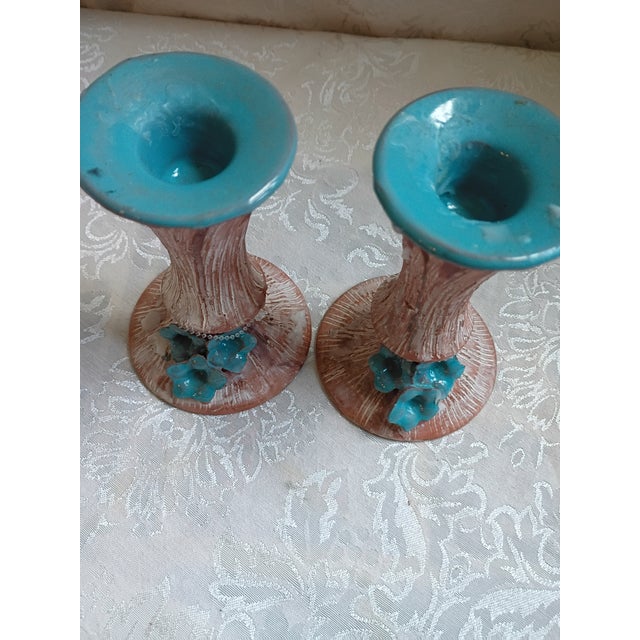 Vintage Mid-Century Faux Bois Ceramic Candle Holders With Teal Glazed Rims - A Pair For Sale In Tampa - Image 6 of 10
