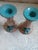 Vintage Mid-Century Faux Bois Ceramic Candle Holders With Teal Glazed Rims - A Pair For Sale In Tampa - Image 6 of 10