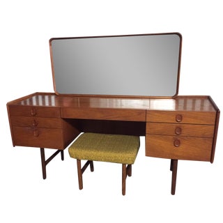 Mid-Century Danish Modern Teak Vanity Desk & Stool For Sale
