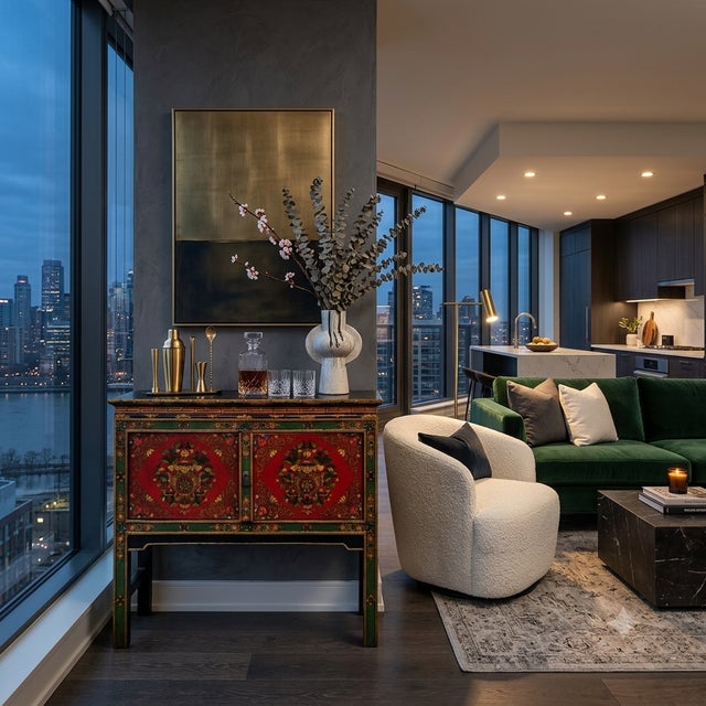 Wood Asian Tibetan Style Floral Graphic Red Green Yellow Console Credenza Table For Sale - Image 7 of 11
