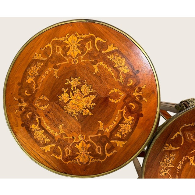 Pair Louis XV Revival Marquetry Salon Tables With Porcelain Plaques, C. 1900 For Sale - Image 17 of 18