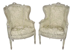 Pair of French Louis XVI Style Distressed Painted Wingback Bergere Chairs