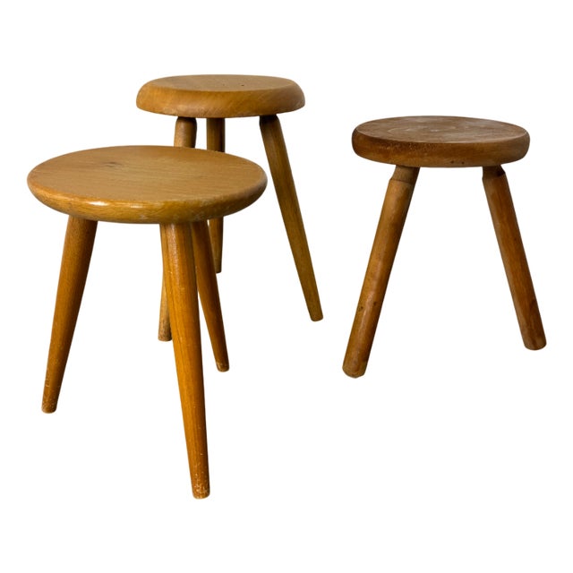 Mid-Century French Elm Stools, 1950s, Set of 3 For Sale