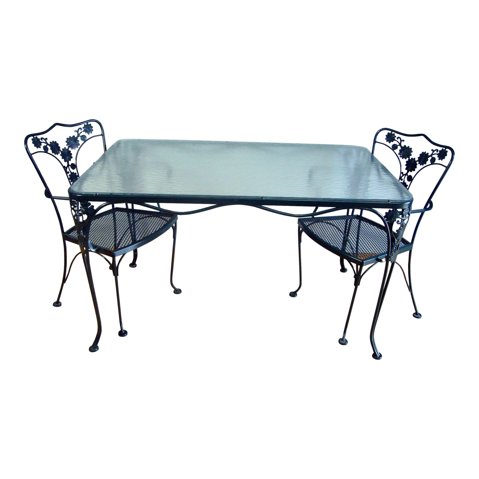 Vintage Woodard Briarwood Daisy Wrought Iron Glass Top Dining Table & 2