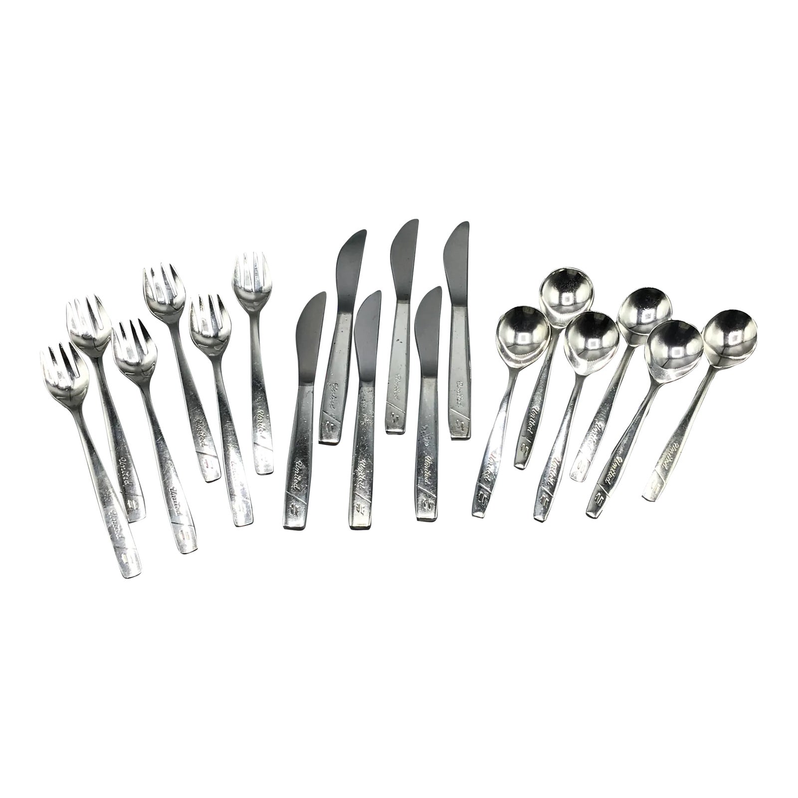 Vintage United Airlines Silverware 6 Knives, 6 Fork and 6 Spoons in a