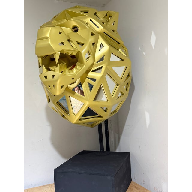 Contemporary Handcrafted Gold Lion Sculpture Oak and Mirror Contemporary Art For Sale - Image 3 of 8