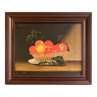 Contemporary Still Life Oil Painting of Peaches in an Open Fretwork Basket by Satori Gregorakis, Framed For Sale