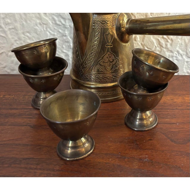 Mid 20th Century Turkish Etched Brass Coffee Pot With Long Handle and Cups - Set of 6 For Sale - Image 4 of 9